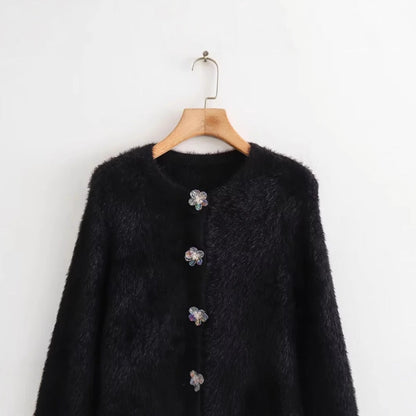 Damkofta med Blommiga Knappar Mjuk Polyester Cirkulär Halsringning 3