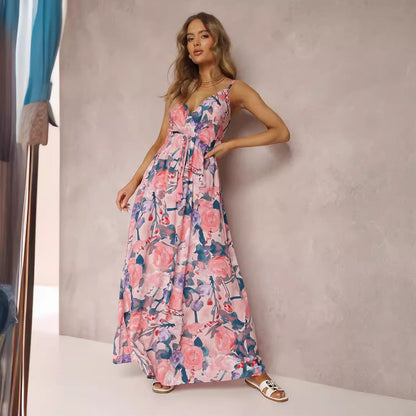 Kvinnors Lång Klänning Djup V-ringning Polyester Flödande Design-4