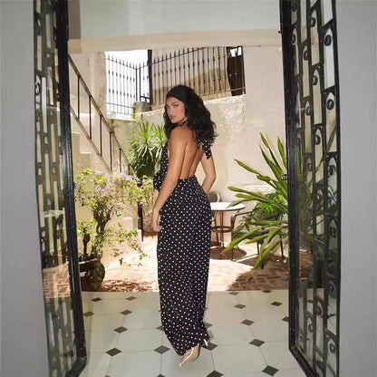 Fina Dam Klänningar Lång V-ringning Polka Dot Polyester-2