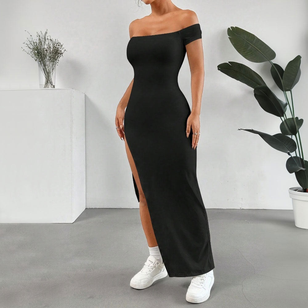 Kvinnors Off-Shoulder Midi Klänning Högkvalitativt Tyg med Splitt-4