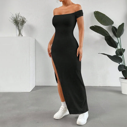 Kvinnors Off-Shoulder Midi Klänning Högkvalitativt Tyg med Splitt-4
