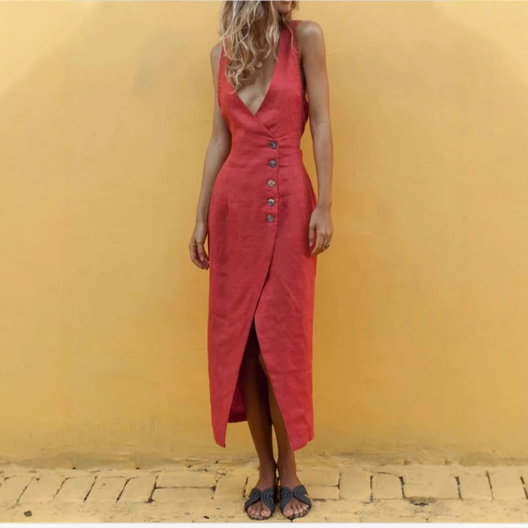 Kvinnors Midi Klänning Ärmlös V-Hals Bomullsblandning 1