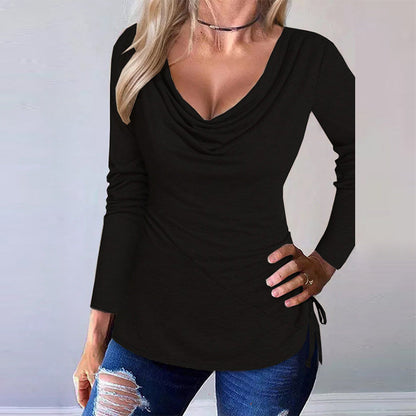 Dam Långärmad T Shirt Draperad V-ringning Polyester-5