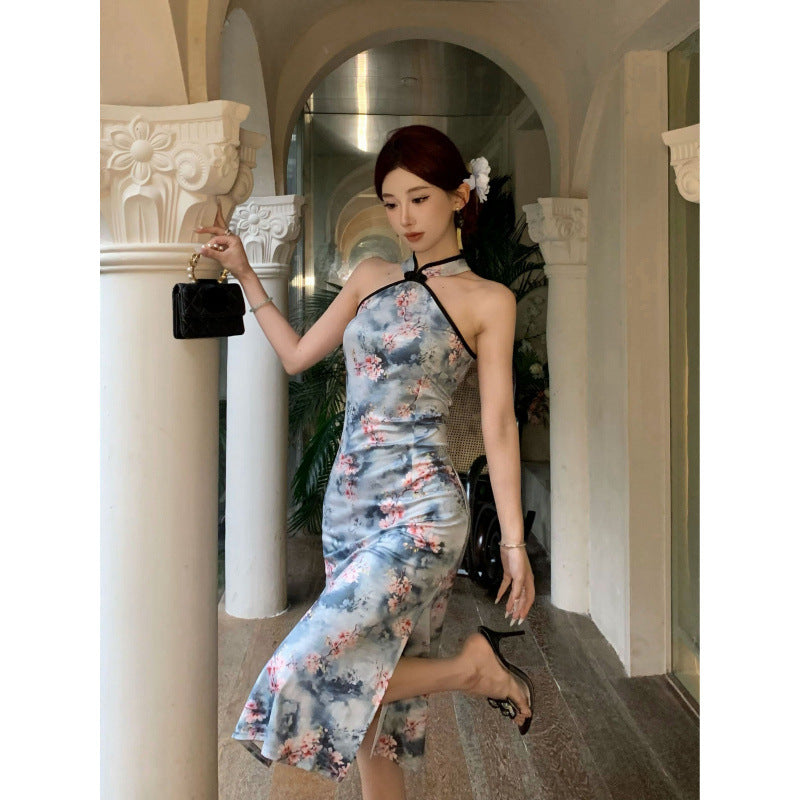 Dam Klänning Bodycon Lång Qipao Polyester med Blommönster-2