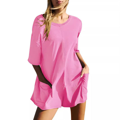 Kvinnors Loose Overall med V-Nack och 3/4-Ärmar i Bomull och Polyester – Bekväm och Trendig Casual Outfit 4
