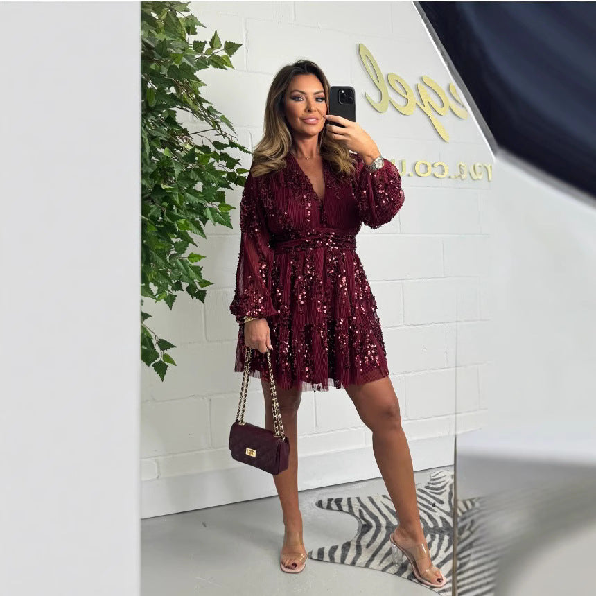 Kvinnors A-linje Klänning Långärmad Paljetter Polyester Spandex-3