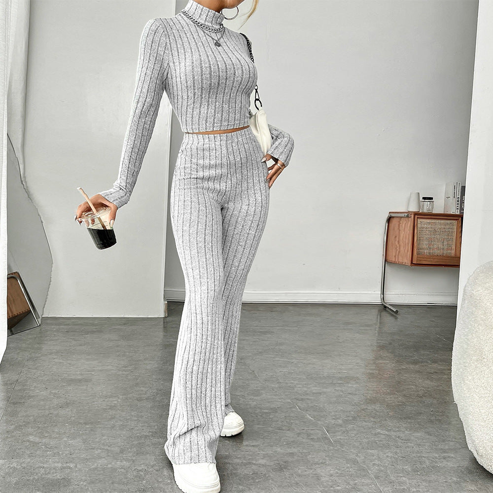 Tvådelat Set Dam med Långärmad Top och Vida Byxor i Ribbat Material – Elegant och Bekväm Stil 2