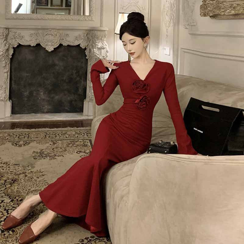 Kvinna Sjöjungfruklänning V-hals Utställda Ärmar Högkvalitativt Tyg-4