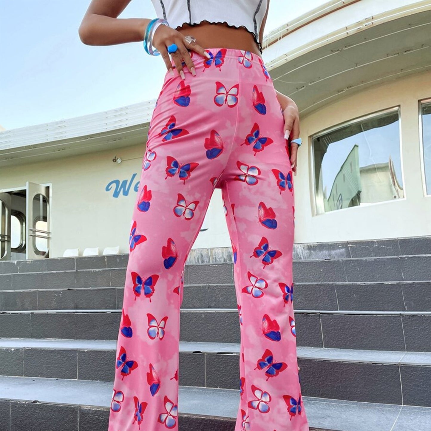 Dam Linnebyxor Hög Midja Elastiskt Tyg med Färgglada Fjärilsmönster 2