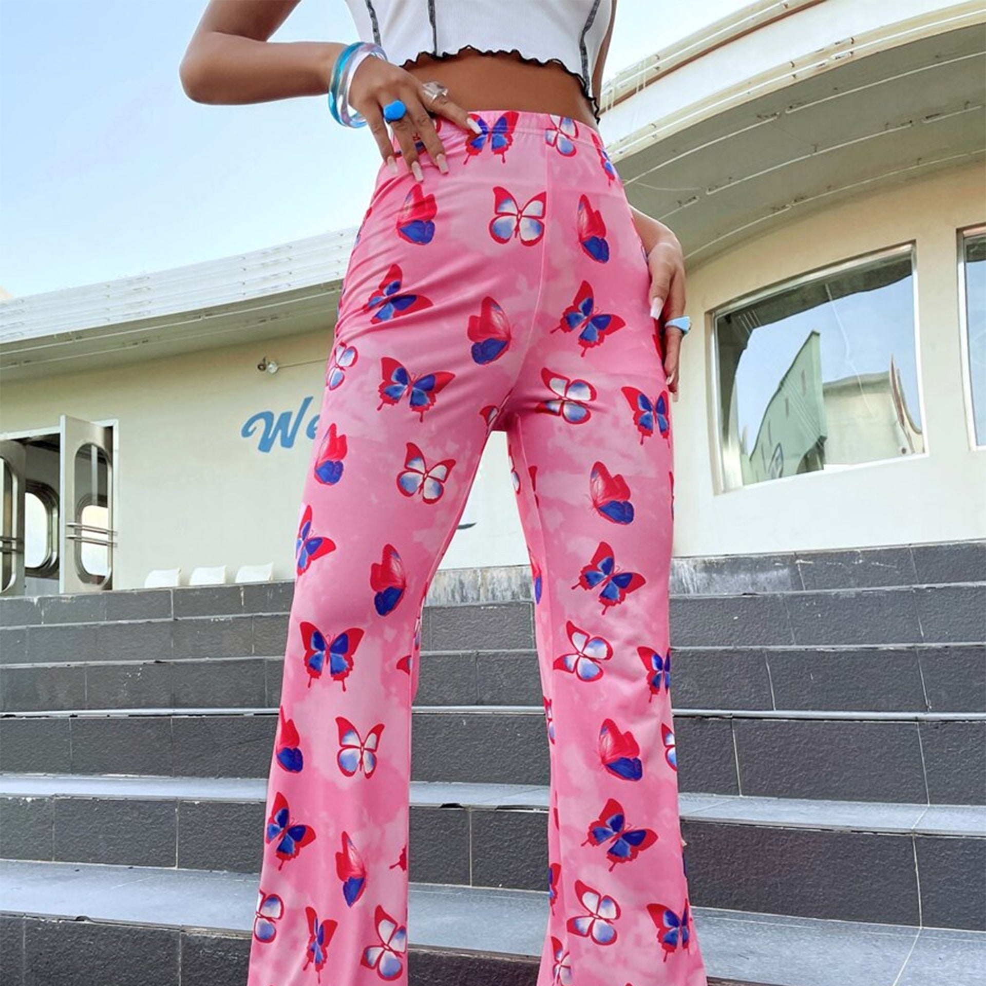 Dam Linnebyxor Hög Midja Elastiskt Tyg med Färgglada Fjärilsmönster 2