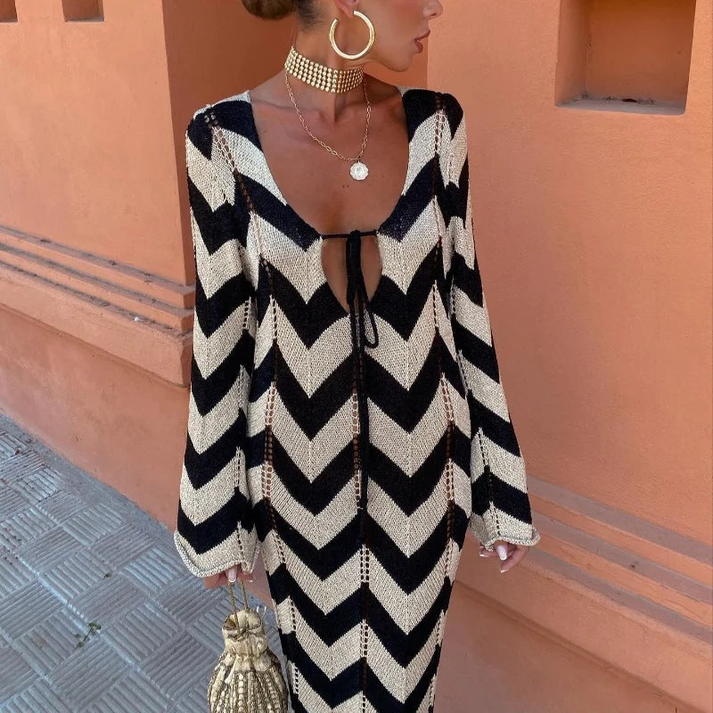 Dam Stickad Klänning Chevronmönster Djup V-hals Bomullsblandning-1