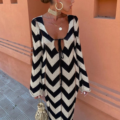 Variant image for Dam Stickad Klänning Chevronmönster Djup V-hals Bomullsblandning-1