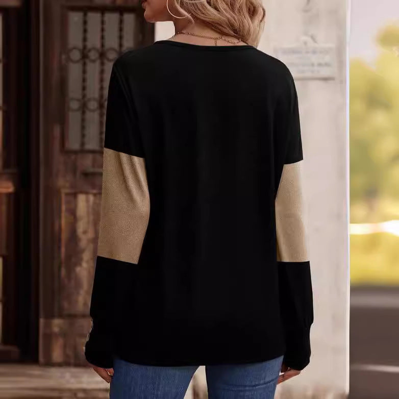 Dam Långärmad T-shirt V-Hals Färgblock 100% Bomull-3