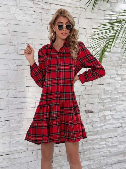 Dam Midi Klänning Skjortstil Patchwork Bomull Polyester med Puffärmar-1