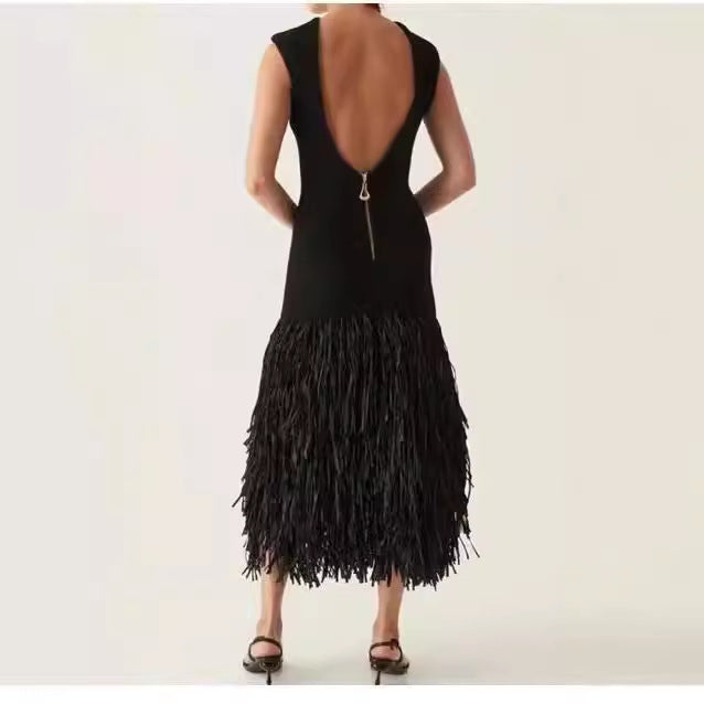 Dam Långklänning med Fransar och Strukturerad Yta för Fest, Elastiskt Tyg-4