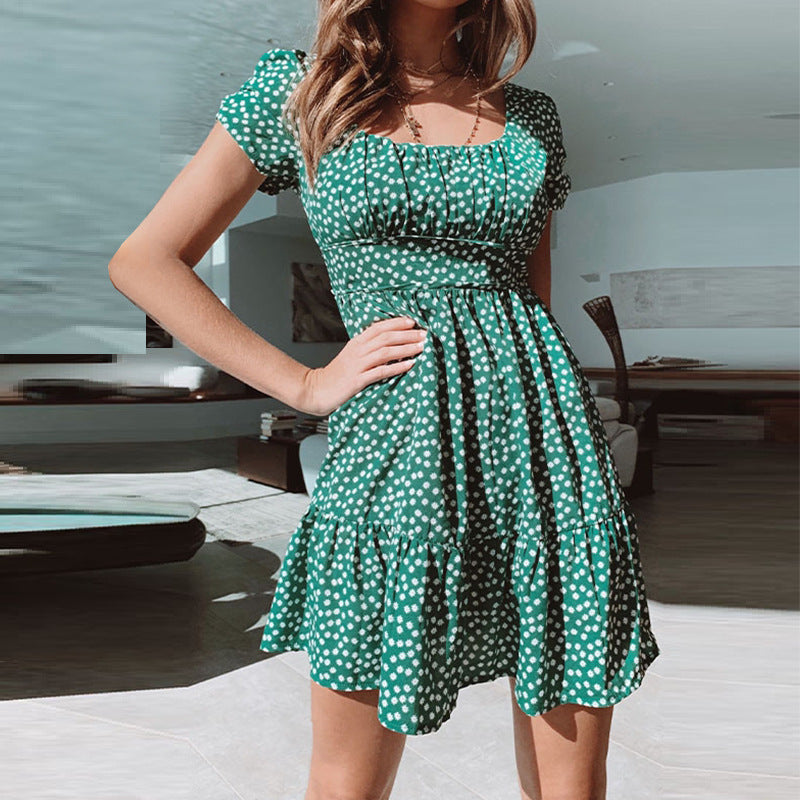 Dam Sommarklänning Blommig Fyrkantig Nacke Puffärmar Polyester Midilängd-5