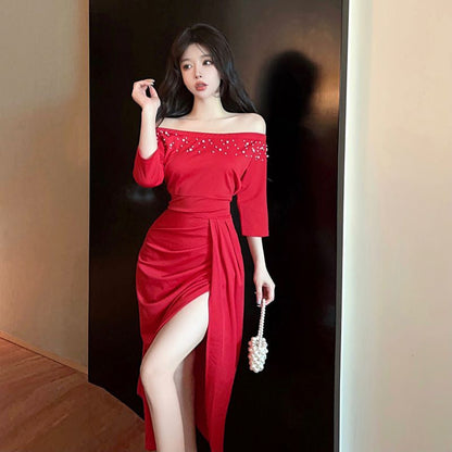 Damklänning Axelbandslös Kort Slits Polyester-1