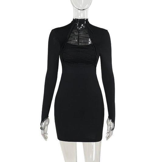 Långärmad Klänning för Damer med Nätdesign och Elastiskt Tyg – Transparenta Insatser, Justerbar Passform, Mångsidig Stil 1