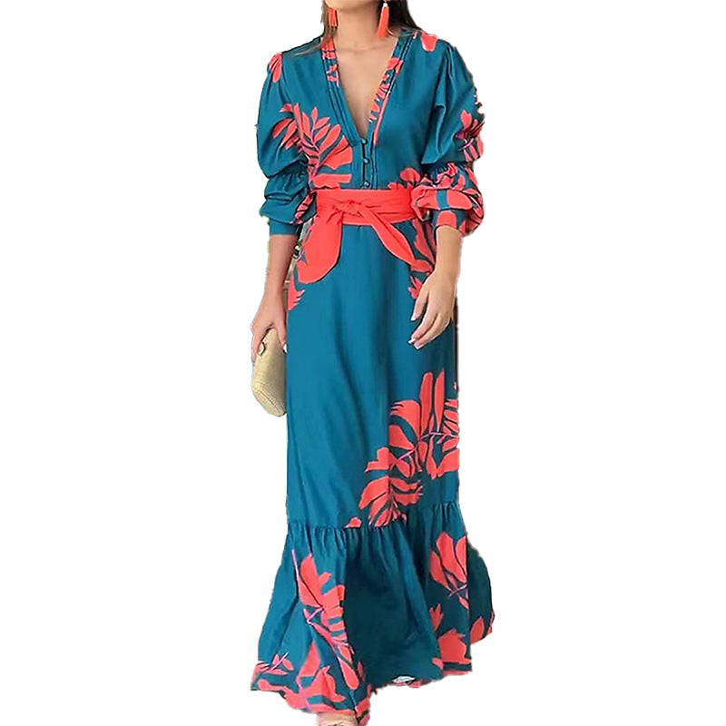 Damklänning Långärmad Blommig Midja Polyester-5