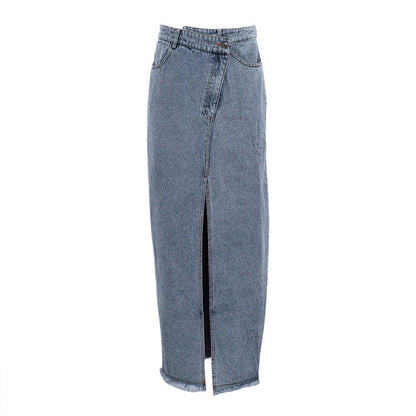 Dam Midi Kjol Jeans med Frontslits Denim-4