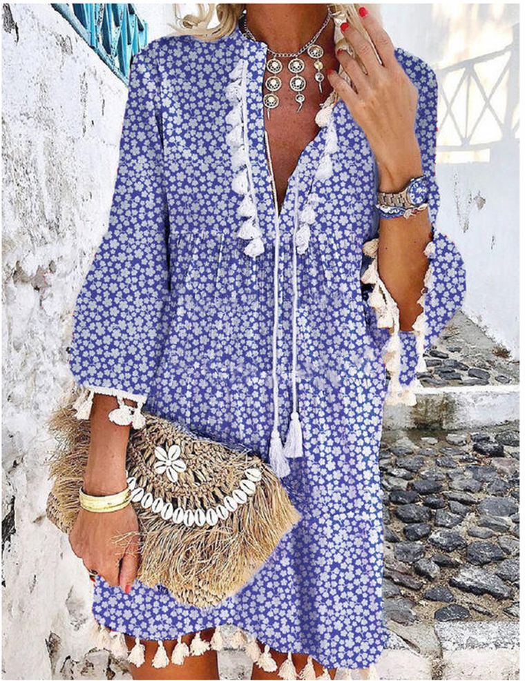 Dam Klänning Blommig V-ringad Midi A-linjeformad Polyester-5