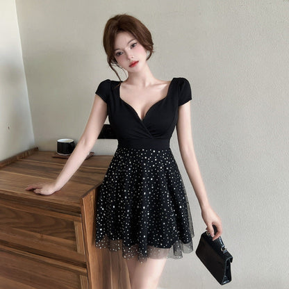 Kvinnors Midiklänning V-ringning Kort Ärmar Polyester-4