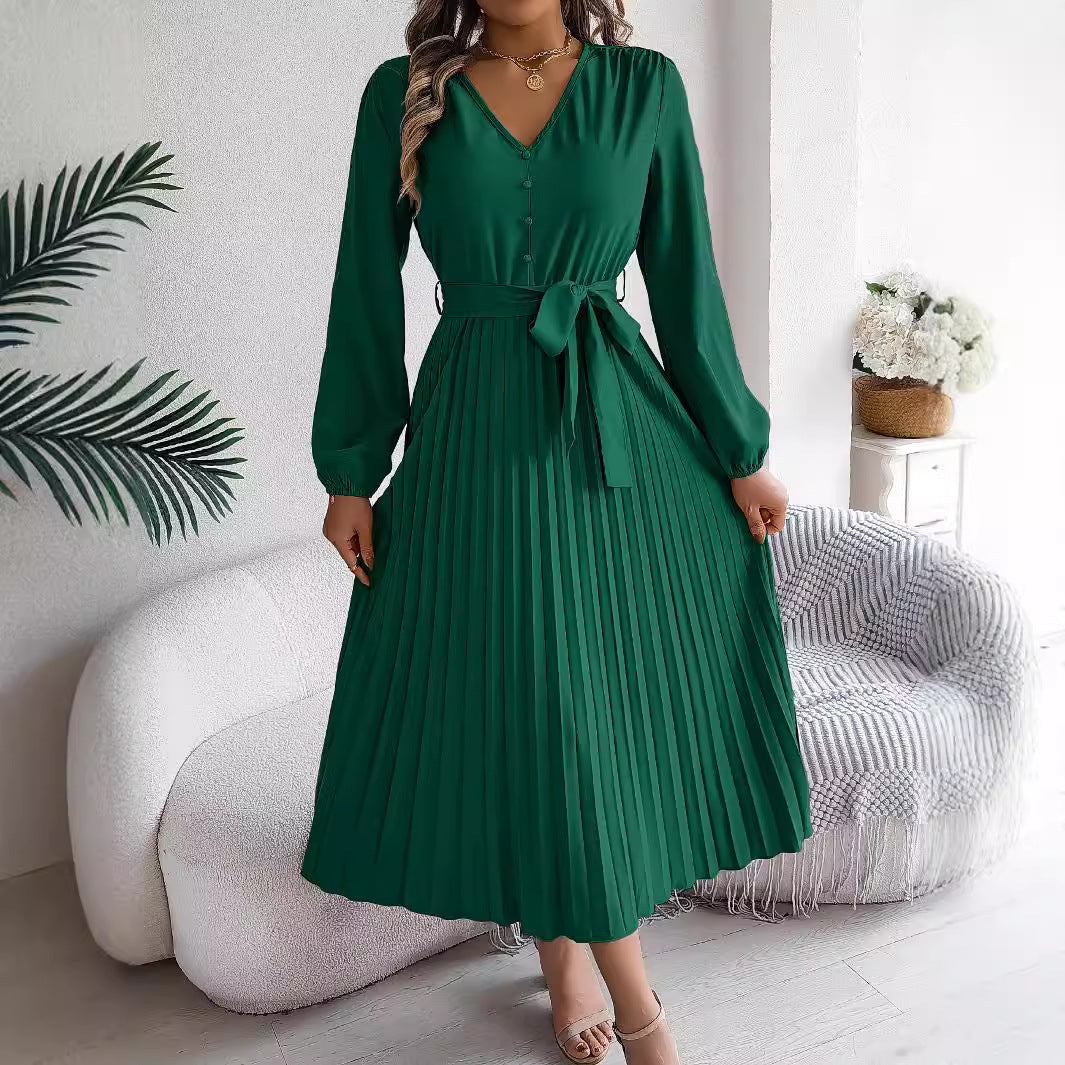 A-linjeformad Veckad Dam Klänning med Långa Ärmar i 100% Polyester – Elegant och Mångsidig Klänning för Fest och Vardag 5