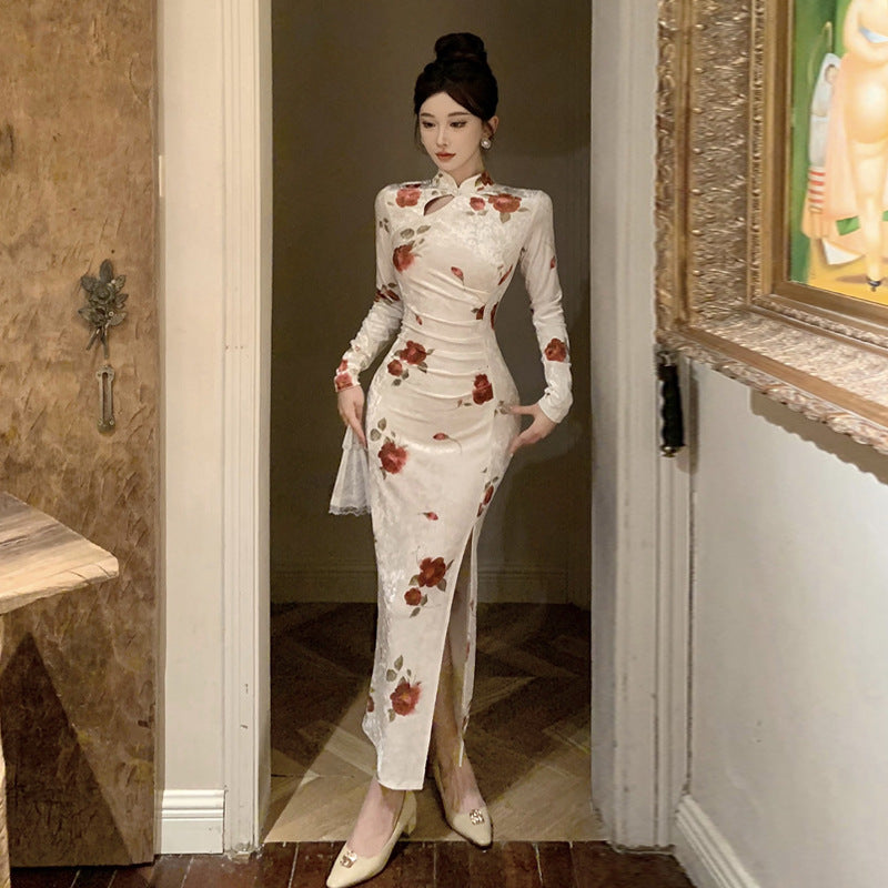 Kvinnors Qipaoklänning Midjekonstruktion Högkvalitativt Tyg-1