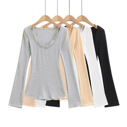 Långärmad Topp med V-ringning i Mjuk Bomullsmix – Figur-hugging Passform och Utställda Ärmar, Flera Färger 2
