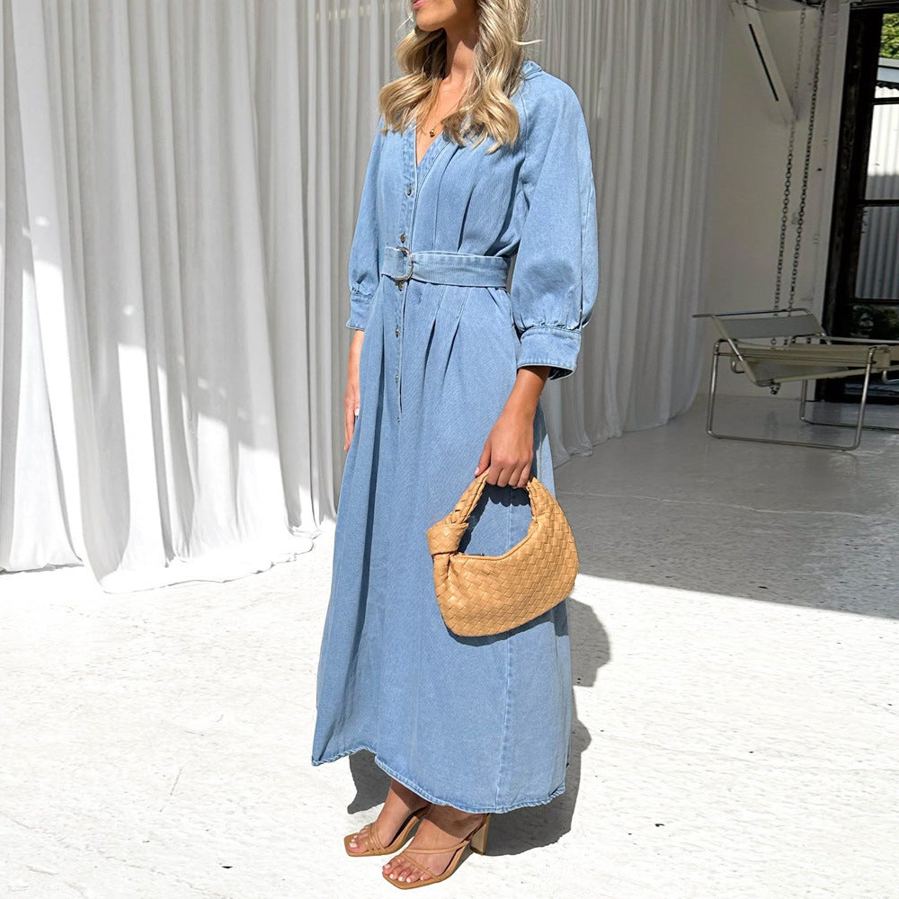 Kvinna A-Line Klänning V-Neck Puffärmar Denim-5