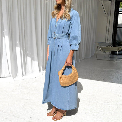 Kvinna A-Line Klänning V-Neck Puffärmar Denim-5