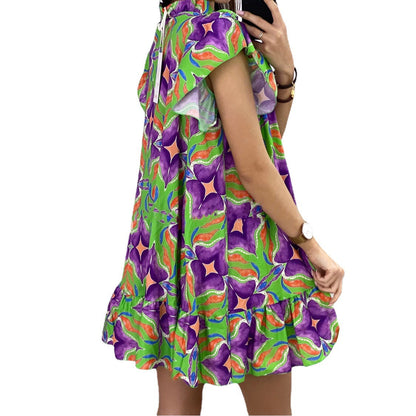 Kvinna Midi Klänning A-linjeformad Polyester Blommönster-5