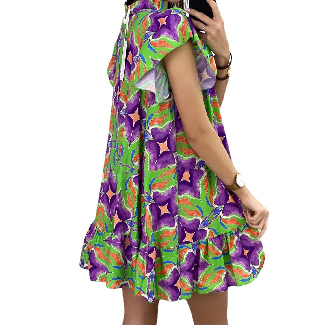 Kvinna Midi Klänning A-linjeformad Polyester Blommönster-5