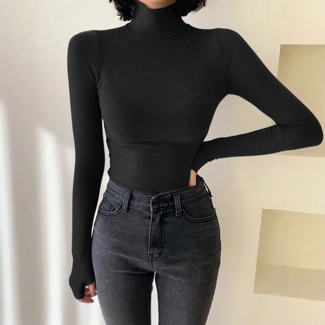 Dam Halvhög Tröja Enfärgad Polyester Långa Ärmar-3