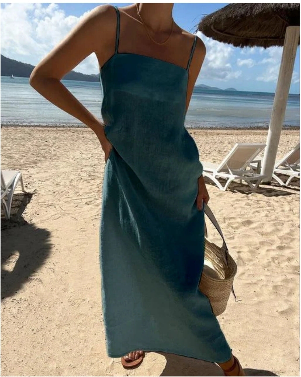 Dam Klänning Spaghetti Band Lång Kjol Bomull och Linne-6