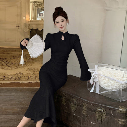 Kvinna Lång Klänning Sjöjungfru Stil Ståkrage Högkvalitativt Tyg-4