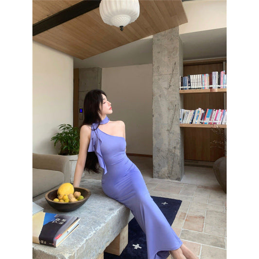 Kvinnors Lång Klänning Asymmetrisk Axeldesign Polyester Elastan-1