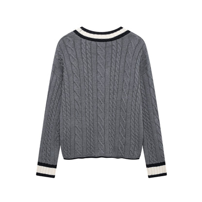 Kvinnors Cardigan Flätmönster Bomullsmix med Kontrastdetaljer-2