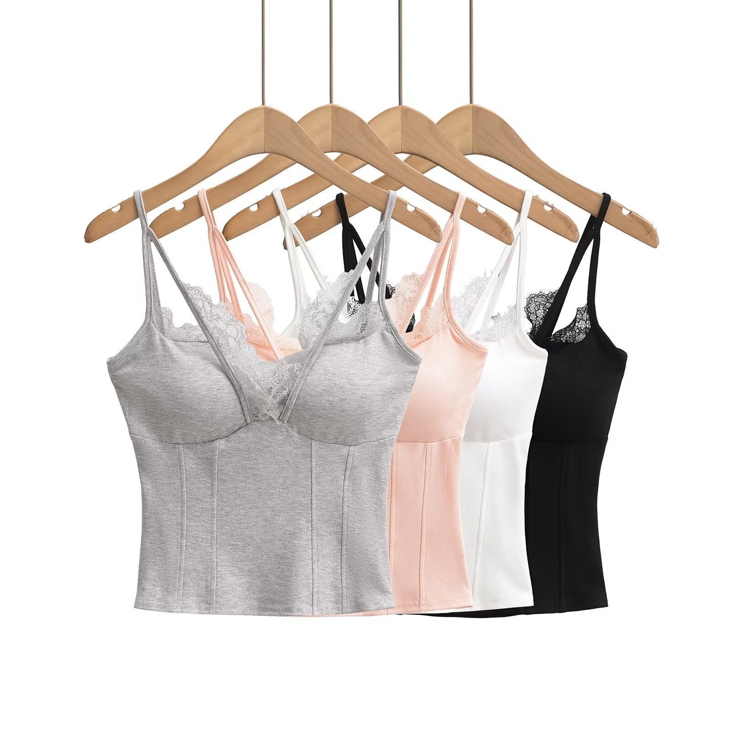 Kvinnors Spaghettiband Festtop med Spetsdetaljer Mjuk Blandning-2