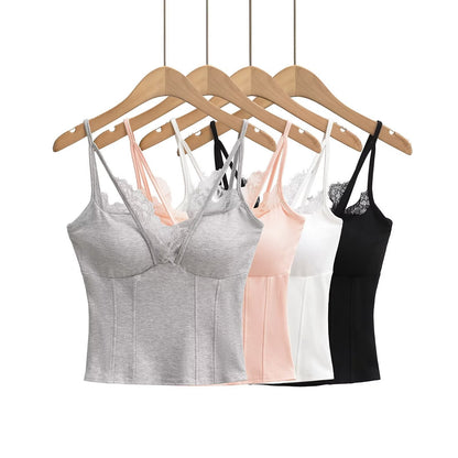 Kvinnors Spaghettiband Festtop med Spetsdetaljer Mjuk Blandning-2