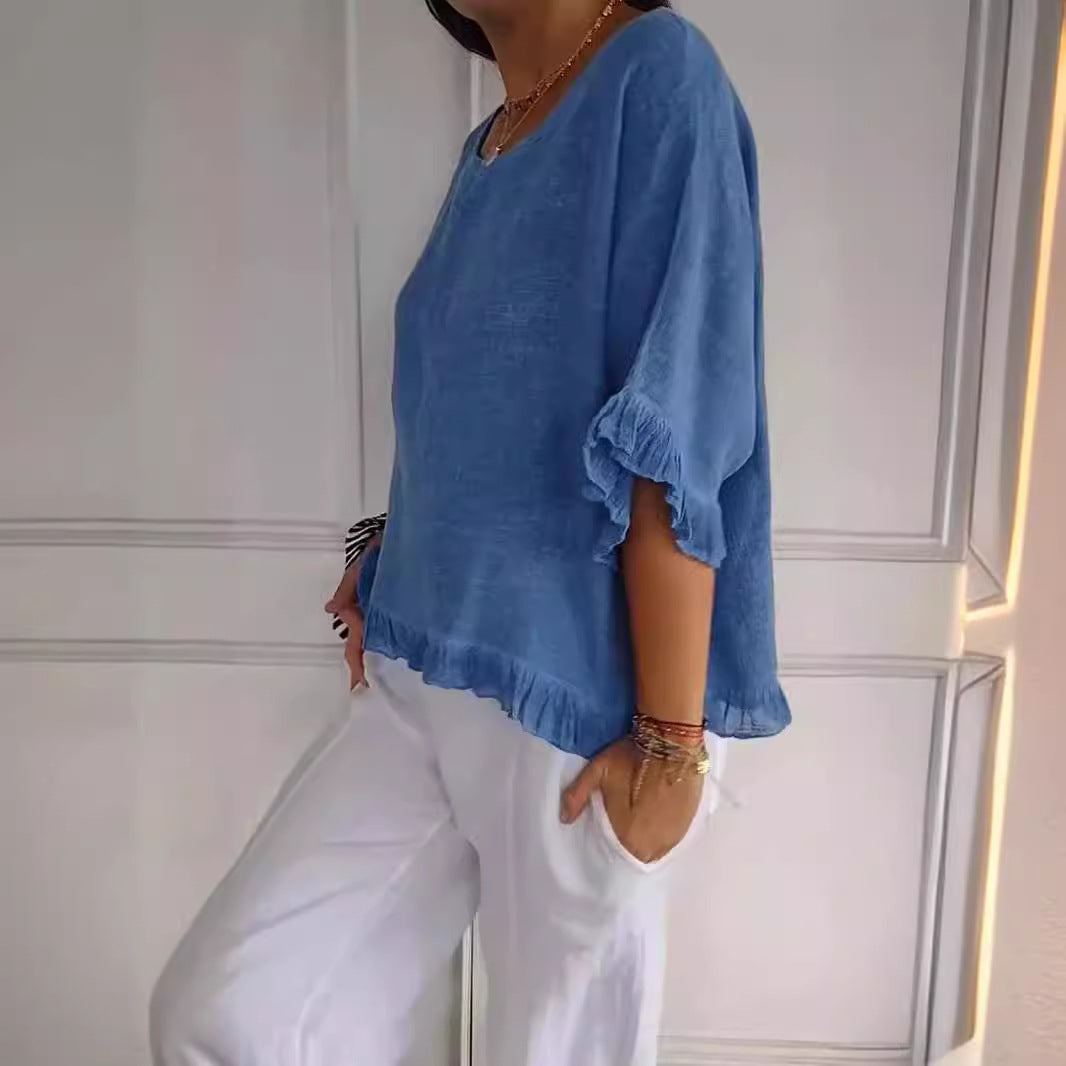 Dam T-shirt Rufsade Detaljer Löst Snitt Bomull-5