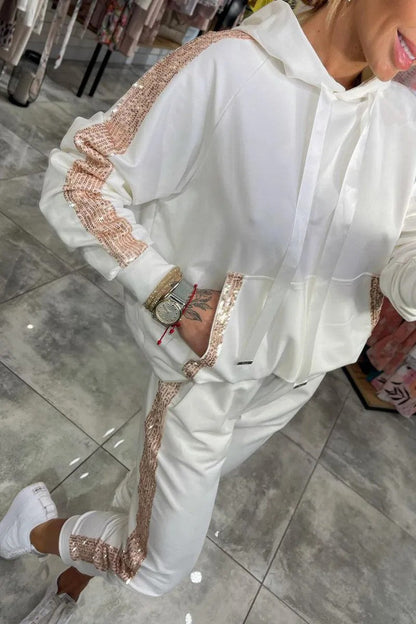 Dam Hoodie Set med Paljetter och Långärmad Byxor i Polyester-1