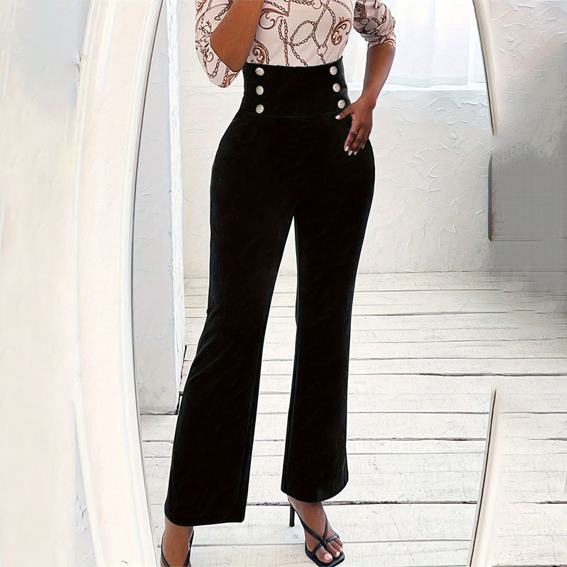 Höga Midjabyxor för Kvinnor med Elegant Knappdesign – Mjukt Elastiskt Tyg, Maskintvättbara, S-XL 4