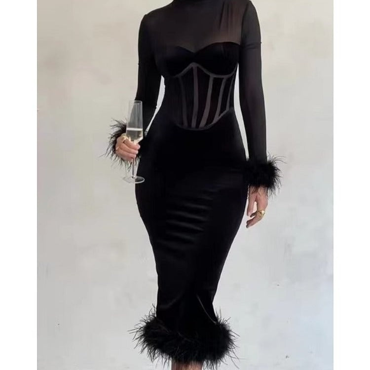 Fina Dam Klänningar Off-Shoulder Bodycon Sammet Lång-2