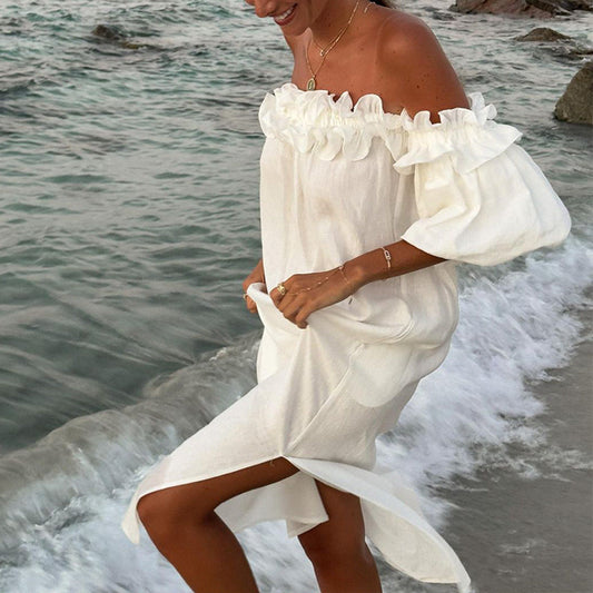 Damklänning Off-Shoulder A-linje Spetsbomull med Puffärmar-1