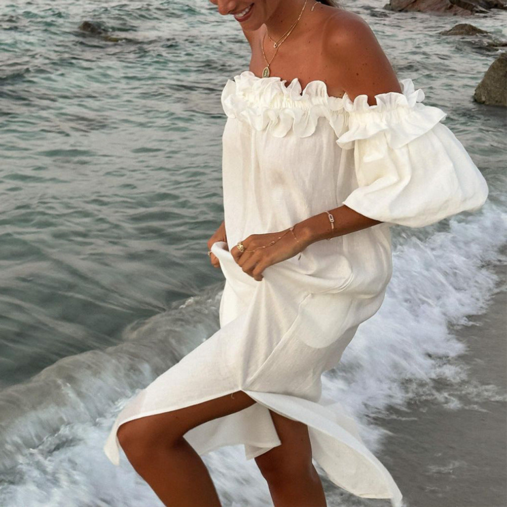 Variant image for Damklänning Off-Shoulder A-linje Spetsbomull med Puffärmar-1