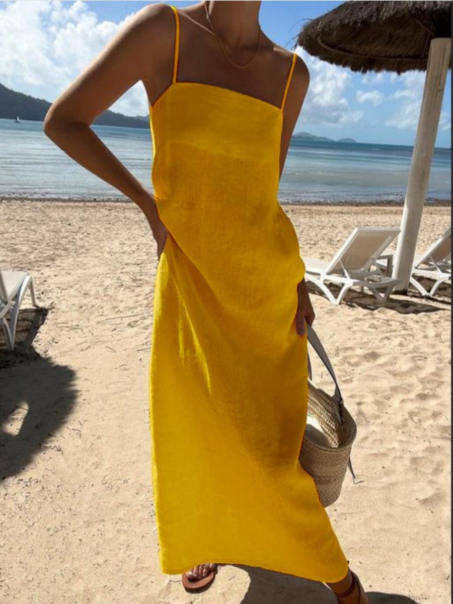 Dam Klänning Spaghetti Band Lång Kjol Bomull och Linne-5