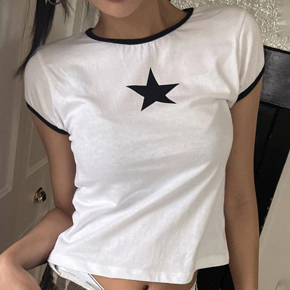 Klassische Kurzarm Bluse für Damen mit Stjärnmotiv – 100% Baumwolle, Entspanntes Design, Schwarze Akzente 2