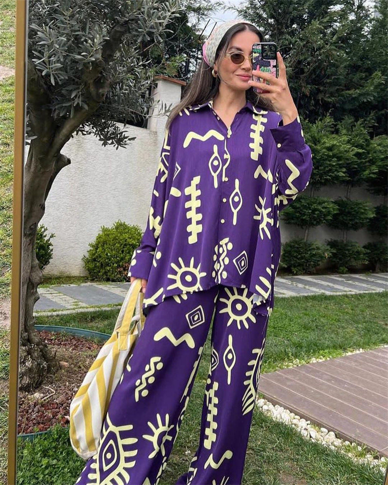 Variant image for Kvinnors Tvådelad Sats Löst Topp Höga Midja Byxor Polyester Spandex-1