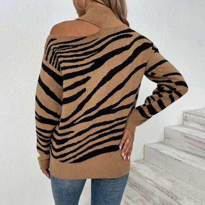 Dam Turtleneck Tröja med Tigertryck och Kontraststickning i Polyester 4